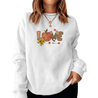 Teacher Love Peace Teach Thanksgiving Fall Pumpkin Women Crewneck Graphic Sweatshirt - Seseable