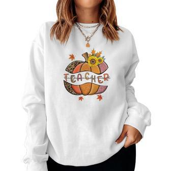 Teacher Thankful Grateful Blessed Fall Thanksgiving Women Crewneck Graphic Sweatshirt - Seseable