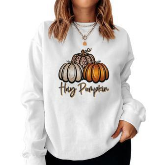 Three Pumpkins Hay Pumpkin Fall Women Crewneck Graphic Sweatshirt - Seseable
