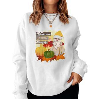 Welcome Great Pumpkin Fall Season Santas Women Crewneck Graphic Sweatshirt - Seseable