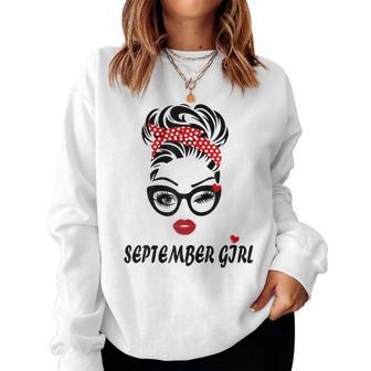Womens September Girl Wink Eye Woman Face Was Born In September V2 Women Crewneck Graphic Sweatshirt - Thegiftio