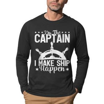 Pontoon Boat Ship Wheel Im The Captain I Make Ship Happen Men Graphic Long Sleeve T-shirt - Thegiftio UK