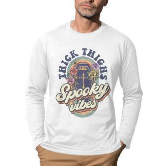 Thick Thighs And Spooky Vibes Retro Spooky Halloween Men Graphic Long Sleeve T-shirt - Seseable