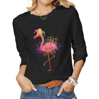 Jester Pink Flamingo Bird Animal Cute Mardi Gras Carnival  Women Graphic Long Sleeve T-shirt