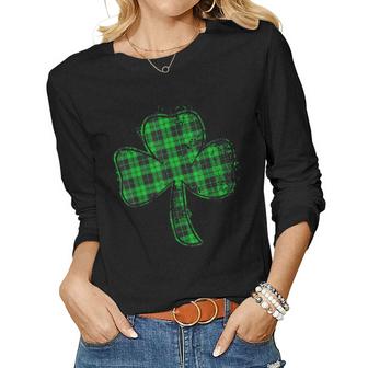 Green Buffalo Plaid Shamrock Lucky St Patricks Day Womens  Women Graphic Long Sleeve T-shirt