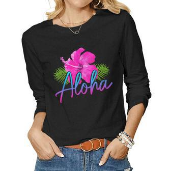 Aloha Hawaiian Islands Hawaii Surf Hibiscus Flower Surfer Women Graphic Long Sleeve T-shirt - Thegiftio UK