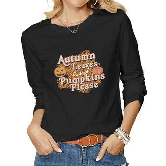 Autumn Leaves And Pumpkins Please Leopard Fall Women Graphic Long Sleeve T-shirt - Seseable