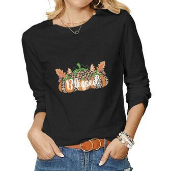 Blessed Fall Pumpkin Leopard Present Women Graphic Long Sleeve T-shirt - Seseable