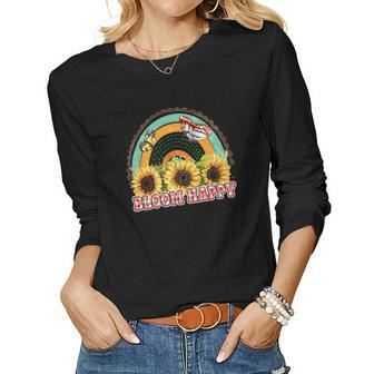 Boho Vintage Bloom Happy Flower And Butterfly Design Women Graphic Long Sleeve T-shirt - Seseable