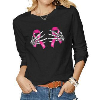 Boob Skeleton Hand On Breast Cancer Ribbon Halloween Womens V2 Women Graphic Long Sleeve T-shirt - Thegiftio UK