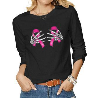 Boob Skeleton Hand On Breast Cancer Ribbon Halloween Womens Women Graphic Long Sleeve T-shirt - Thegiftio UK