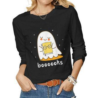 Booooks Cute Ghost Reading Library Books Halloween Teacher Women Graphic Long Sleeve T-shirt - Thegiftio UK