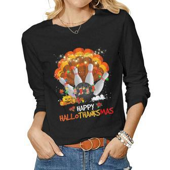 Bowling Halloween And Merry Christmas Happy Hallothanksmas Women Graphic Long Sleeve T-shirt - Thegiftio UK