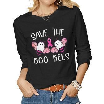 Breast Cancer Awareness Save The Boobees Boo Bees Halloween Women Graphic Long Sleeve T-shirt - Thegiftio UK