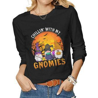 Chillin With My Gnomies Witch Pumpkin Halloween Costume Women Graphic Long Sleeve T-shirt - Thegiftio UK