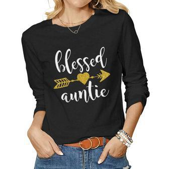 Cute Gold Arrow Blessed Auntie Funny Thanksgiving Day Gifts Women Graphic Long Sleeve T-shirt - Thegiftio