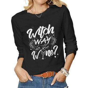 Cute Witch Way To The Wine Halloween Wine Lover Gifts Women V3 Women Graphic Long Sleeve T-shirt - Thegiftio UK
