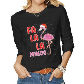 Fa La La Mingo Cute Pink Flamingo Santa Hat Merry Christmas Women Graphic Long Sleeve T-shirt - Thegiftio UK