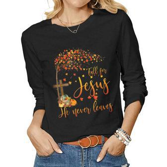 Fall For Jesus He Never Leaves Cross Pumpkin Thanksgiving Women Graphic Long Sleeve T-shirt - Thegiftio UK