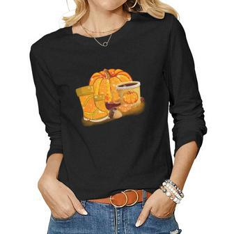 Fall Weather Sweater Pumpkin Shoes Coffee Pumpkin Spice Women Graphic Long Sleeve T-shirt - Seseable