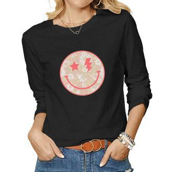 Floral Smiley Happy Face Retro Vintage V2 Women Graphic Long Sleeve T-shirt - Seseable