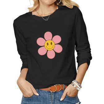 Flower Smiley Positive Retro Vintage V2 Women Graphic Long Sleeve T-shirt - Seseable