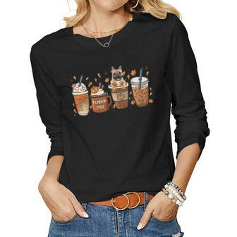 French Bulldog With Pumpkin Spice Latte Fall Coffee Autumn Women Graphic Long Sleeve T-shirt - Thegiftio UK