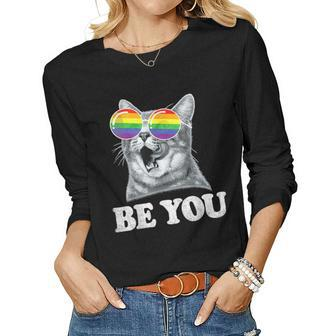 Funny Cat Gay Pride Month Be You Rainbow Sunglasses Lgbtq Women Graphic Long Sleeve T-shirt - Thegiftio UK