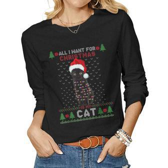 Funny Cat Lovers Cute Cat Santa Hat Ugly Christmas Sweater Women Graphic Long Sleeve T-shirt - Thegiftio UK