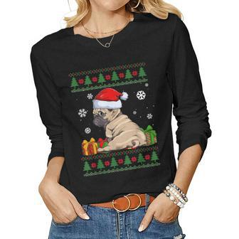 Funny Dog Lovers Cute Pug Santa Hat Ugly Christmas Sweater Women Graphic Long Sleeve T-shirt - Thegiftio UK