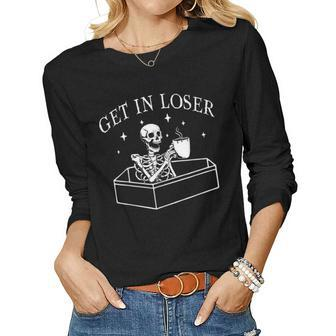 Get In Loser Skeleton In Coffin Spooky Halloween Costume Women Graphic Long Sleeve T-shirt - Seseable