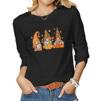 Gnome Fall Coffee Gnome Pumpkin Autumn Gnomes Thanksgiving  Women Graphic Long Sleeve T-shirt