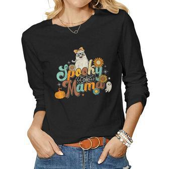 Groovy Spooky Mama Retro Halloween Ghost Witchy Spooky Mom V2 Women Graphic Long Sleeve T-shirt - Thegiftio UK