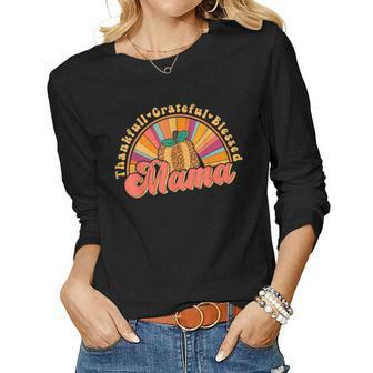 Groovy Thankful Grateful Blessed Mama Retro Pumpkin Fall Women Graphic Long Sleeve T-shirt - Thegiftio UK