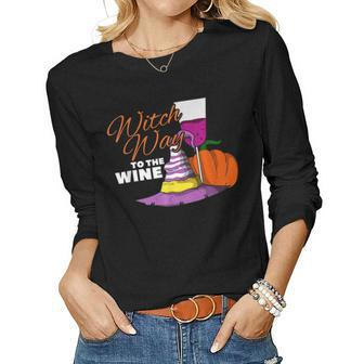 Halloween Witch Way To The Wine I Witch Lover I Women Graphic Long Sleeve T-shirt - Thegiftio UK