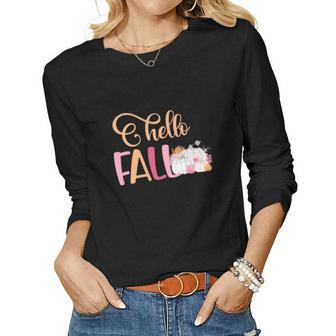 Hello Fall Pumpkin Thanksgiving Women Graphic Long Sleeve T-shirt - Seseable