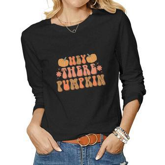 Hey There Pumpkin Retro Fall Gift Women Graphic Long Sleeve T-shirt - Seseable