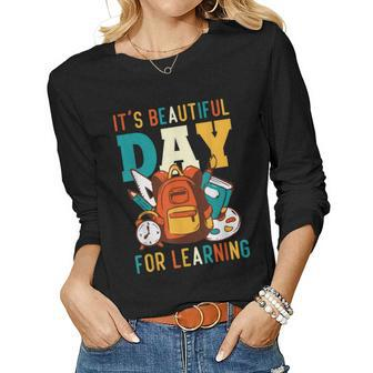 Its A Beautiful Day For Learning Retro Teacher Students Women Graphic Long Sleeve T-shirt - Thegiftio UK