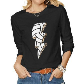 Leopard Volleyball Lightning Bolt Volleyball Mom Game Day Women Graphic Long Sleeve T-shirt - Thegiftio UK