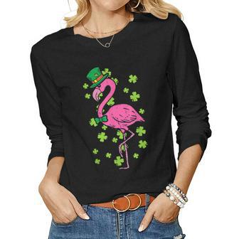Leprechaun Flamingo Shamrock St Patricks Day Animal Gifts Women Graphic Long Sleeve T-shirt - Thegiftio UK