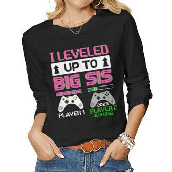 Leveled Up To Big Sister 2023 Cute Im Going To Be A Big Sis Women Graphic Long Sleeve T-shirt - Thegiftio UK