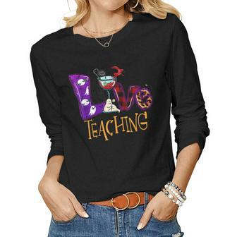 Love Teaching Teacher Pumpkin Funny Halloween Thanksgiving Women Graphic Long Sleeve T-shirt - Thegiftio UK