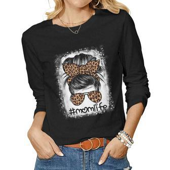 Mom Life Bleached Mom Life Leopard Messy Bun Women Graphic Long Sleeve T-shirt - Thegiftio UK