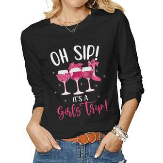 Oh Sip Its A Girls Trip Fun Wine Party Leopard Sunglasses Women Graphic Long Sleeve T-shirt - Thegiftio UK