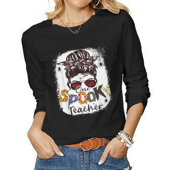 One Spooky Teacher Trick Or Teach Messy Bun Halloween V2 Women Graphic Long Sleeve T-shirt - Thegiftio UK