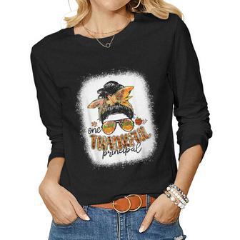 One Thankful Principal Messy Bun Fall Thanksgiving Gifts V2 Women Graphic Long Sleeve T-shirt - Thegiftio UK