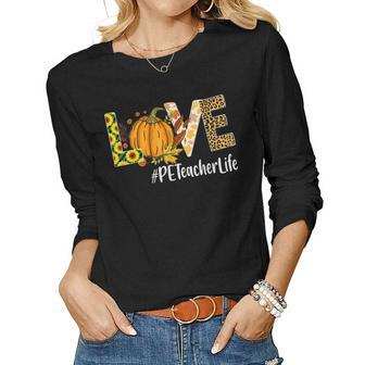 Pe Teacher Love Fall Pumpkin Leopard Halloween Autumn Women Graphic Long Sleeve T-shirt - Thegiftio UK