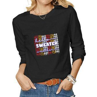 Red Caro Plaid Hello Sweater Weather Fall Women Graphic Long Sleeve T-shirt - Seseable