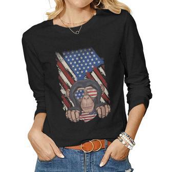 Retro American Flag Monkey Dad Mom Monkey Lover 4Th Of July Women Graphic Long Sleeve T-shirt - Thegiftio