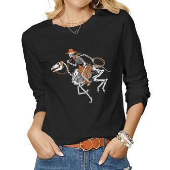 Skeleton Cowboy Riding Horse Halloween Rider Costume Men V3 Women Graphic Long Sleeve T-shirt - Thegiftio UK